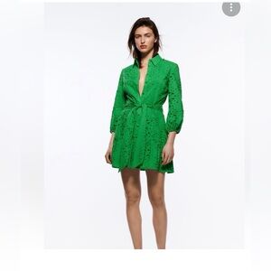 Zara Bright Green Eyelet Tie-Waist Mini Dress